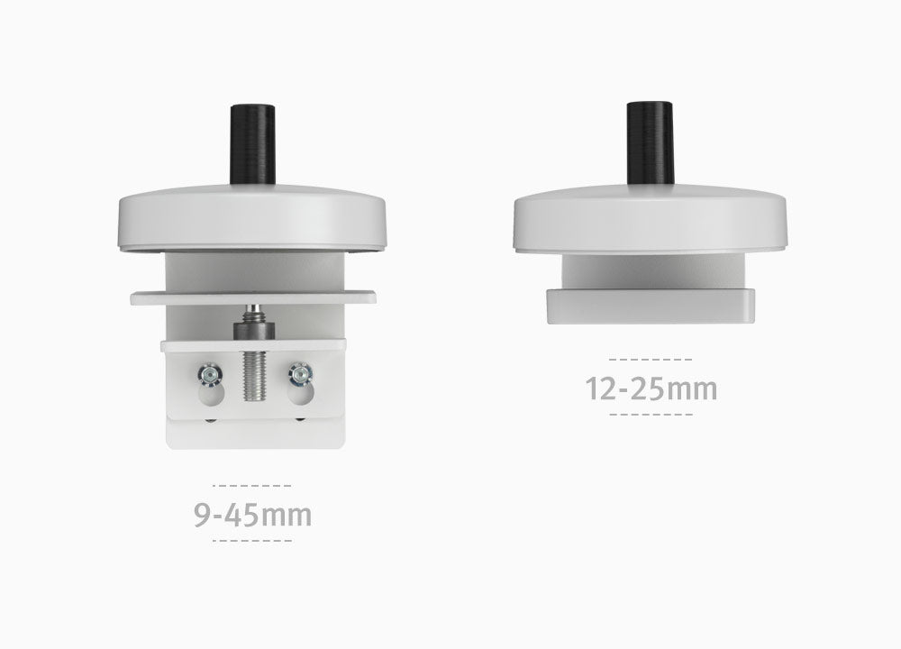 Deux pinces pour bras de moniteur Flo X, montrant les différentes options en fonction de l'épaisseur du bureau et de la surface.