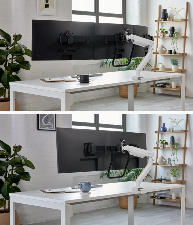 Collage de deux images présentant des bras de moniteur Flo X blancs de CBS, l'une avec deux écrans et l'autre avec trois écrans. Dans un bureau à domicile avec des murs en briques blanches, des étagères en bois et des plantes d'intérieur.