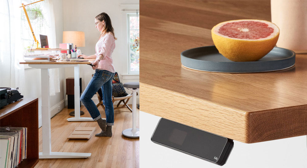 Un collage de deux images. La première représente une femme debout travaillant à un bureau debout Jarvis dans un espace de bureau à domicile, avec des sols en bois et des murs blancs. La seconde est un gros plan du panneau de commande.
