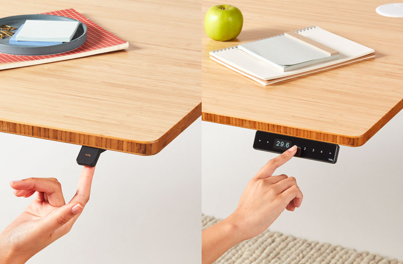 Collage de deux images en gros plan montrant une main qui touche le combiné à bascule haut/bas et le module programmable permettant de régler la hauteur d'un bureau debout Jarvis d'Herman Miller.