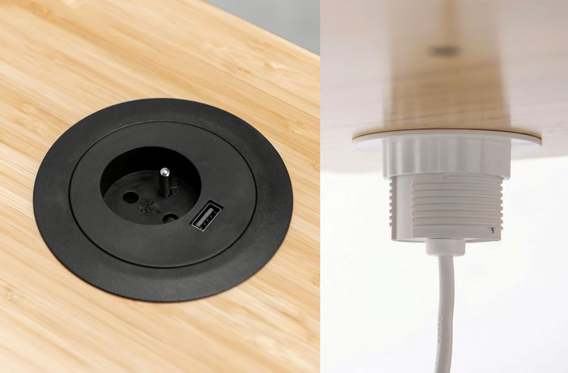 Collage de deux images en gros plan, montrant un passe-câble électrique blanc dans un bureau debout Jarvis, avec des prises de courant alternatif et un port de charge USB.