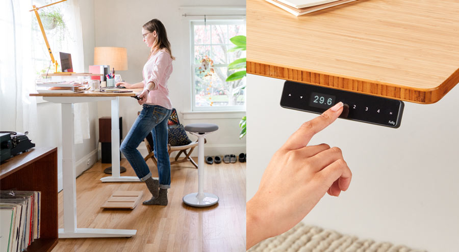 Collage de deux images. La première représente une femme debout travaillant à un bureau debout Jarvis dans un espace de bureau à domicile, avec des sols en bois et des murs blancs. La seconde est un gros plan de sa main sur le panneau de commande.