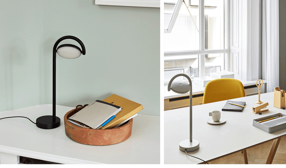 Deux images présentant les lampes de bureau Marselis de HAY en noir et blanc dans un bureau à domicile.