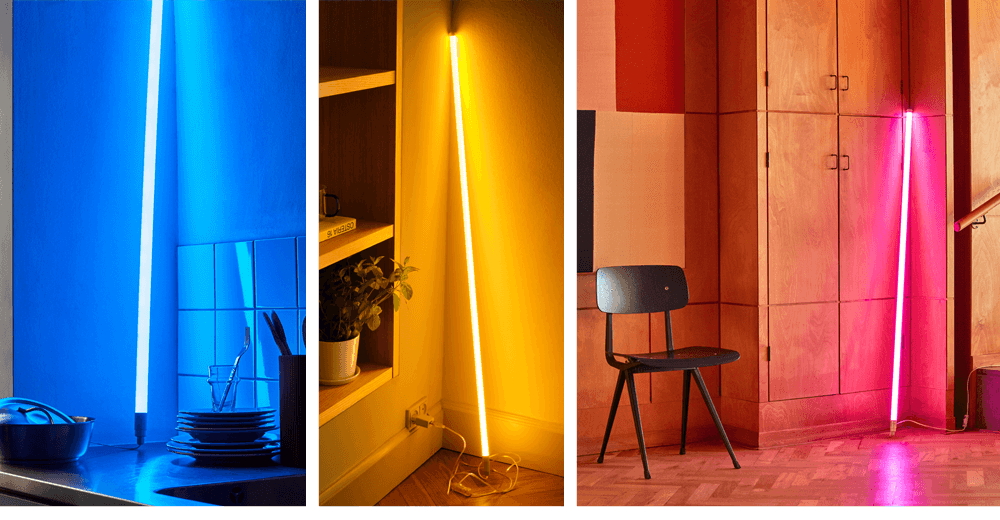 Trois tubes LED HAY en bleu, jaune et rose.