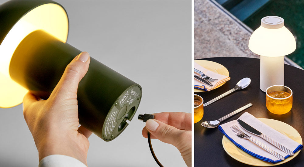 Collage de deux images : la première est un gros plan d'une lampe portable verte pour PC de HAY, montrant quelqu'un en train de brancher le chargeur ; la seconde est une lampe portable blanche pour PC de HAY, posée sur une table à manger noire.