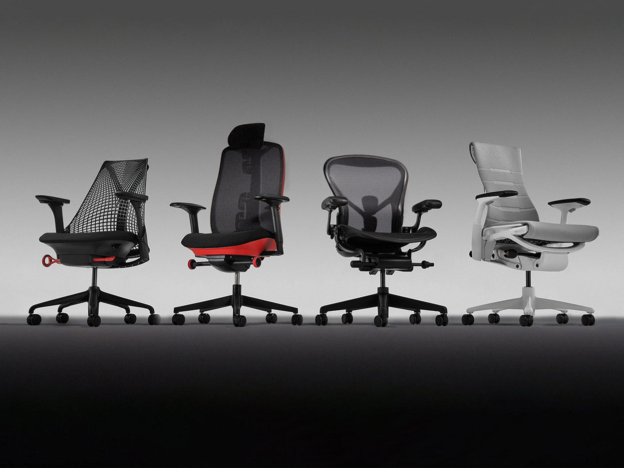 Présentation (disposition 4x3) de chaises de jeu ergonomiques Herman Miller. Modèles présentés : Sayl, Vantum, Aeron et Embody Gaming.