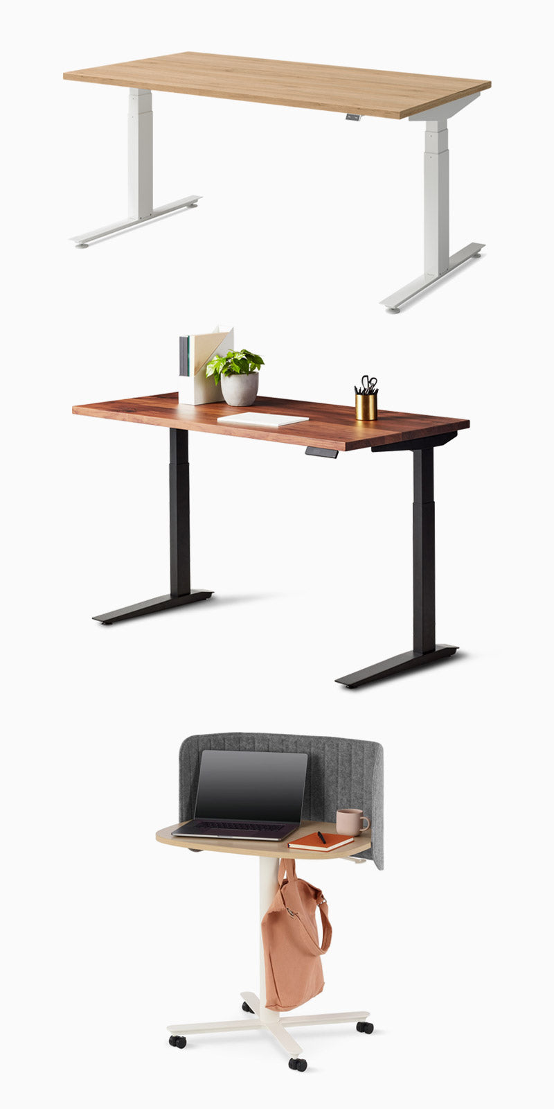 Image avec le bureau assis-debout Jarvis avec pieds blancs et plateau en chêne, le bureau assis-debout Nevi avec pieds noirs et plateau en bois, la table de travail Passport avec écran en feutre et la table assis-debout rectangulaire OE1 avec pieds noirs et plateau blanc avec écran