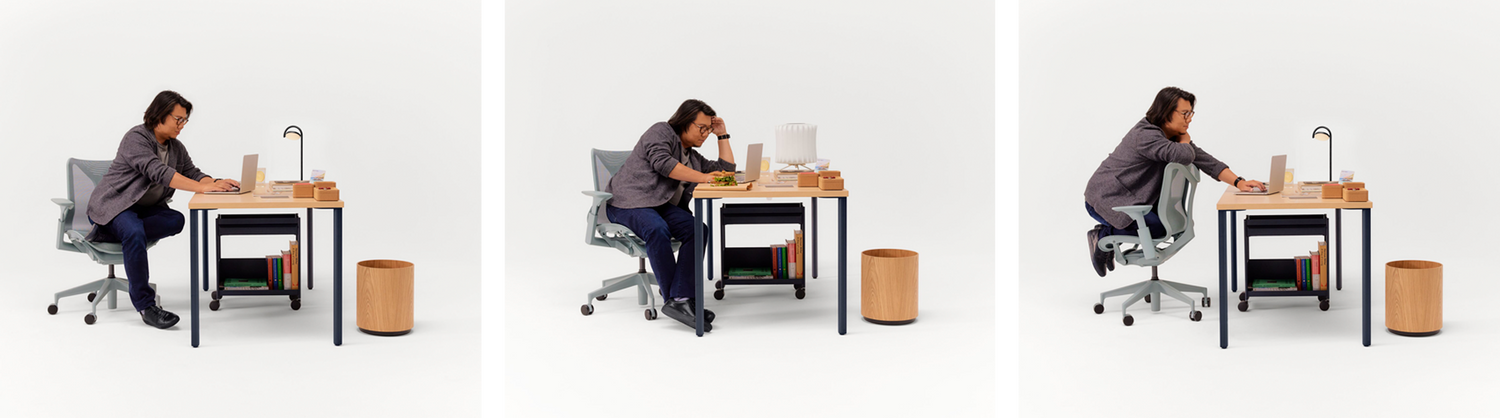 Montage de 3 images de Kevin Kwan assis dans une chaise de bureau Glacier Cosm à dossier bas sous différents angles, aucun d'entre eux n'étant la position correcte pour s'asseoir.