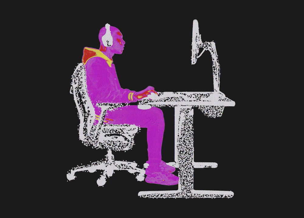 Image thermique représentant une personne assise dans un fauteuil de jeu Embody devant un bureau de jeu Nevi équipé d'un bras support pour écran Ollin