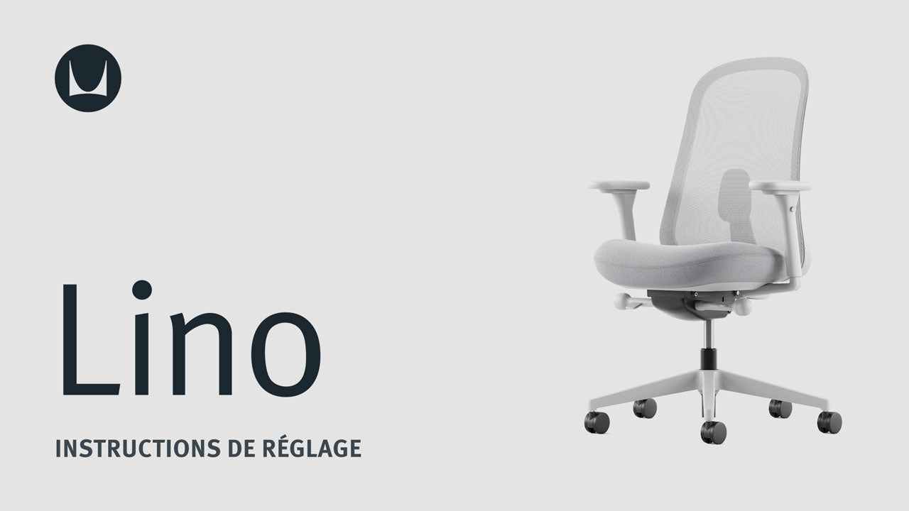 Une vidéo montrant les fonctions de réglage technique d'un siège de bureau Herman Miller Lino, notamment la hauteur et la profondeur de l'assise, la tension du basculement, le limiteur de basculement, le réglage du soutien du dossier et le réglage des accoudoirs.