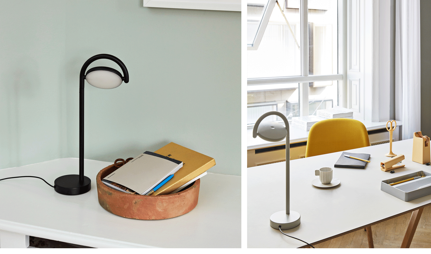 Collage de deux images représentant deux lampes de table HAY Marselis en noir et gris.