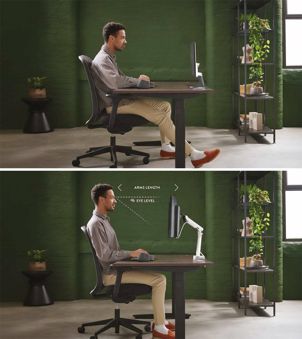 Deux images comparant la posture d'un homme avec et sans bras de support dans le cadre d'un bureau à domicile.