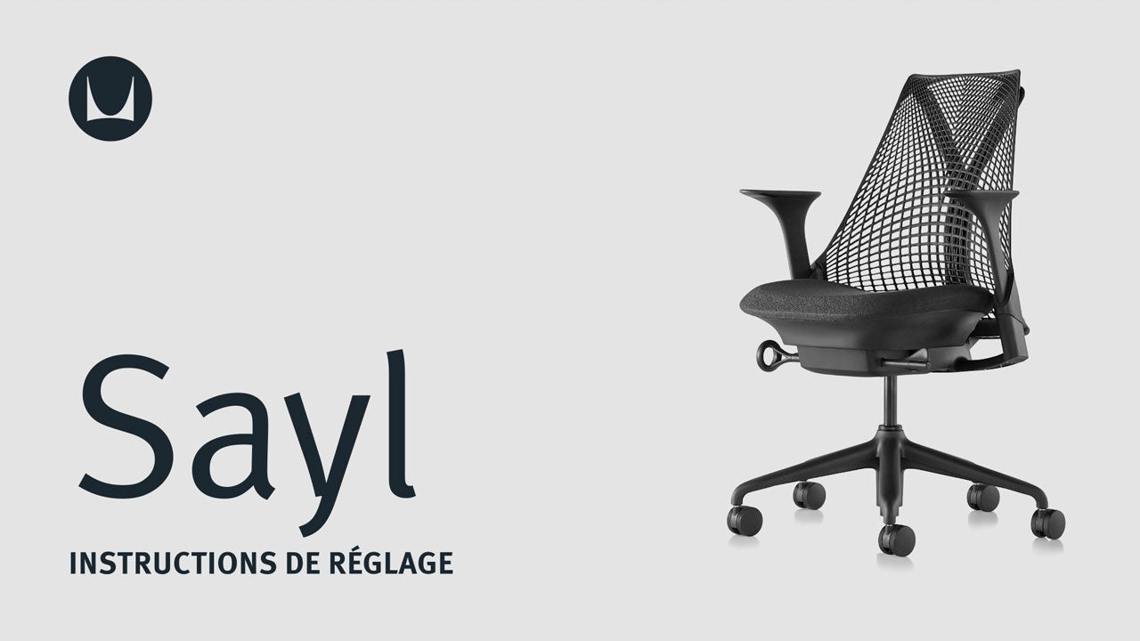 Une vidéo montrant les fonctions de réglage technique d'un siège de bureau Herman Miller Sayl, notamment la hauteur et la profondeur de l'assise, la tension du basculement, le limiteur de basculement, le réglage du support du dossier et le réglage de l'accoudoir.