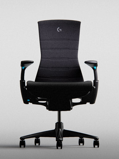 Vue de face du fauteuil gaming Logitech Embody noir et cyan