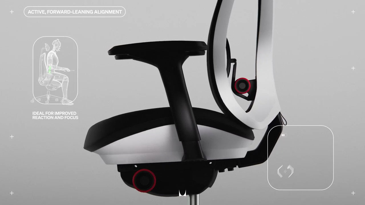 Vue de profil du fauteuil gaming Vantum avec un petit dessin et les mentions « Ideal for improved reaction and focus » (idéal pour améliorer la réactivité et la concentration) et « Active, forward leaning alignment » (alignement actif et incliné vers l'avant).