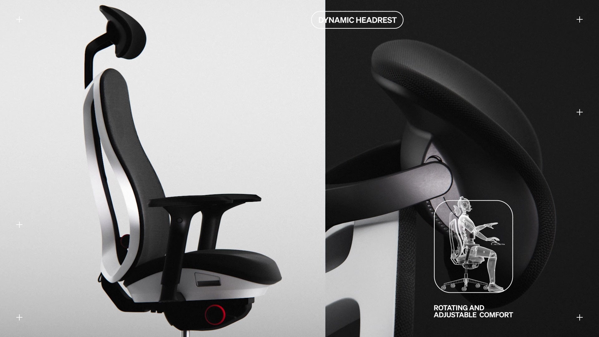 Vue latérale du fauteuil gaming Vantum montrant l'appui-tête annoté d'un petit dessin au trait avec les mentions « Confort rotatif et réglable » et « Appui-tête dynamique ».