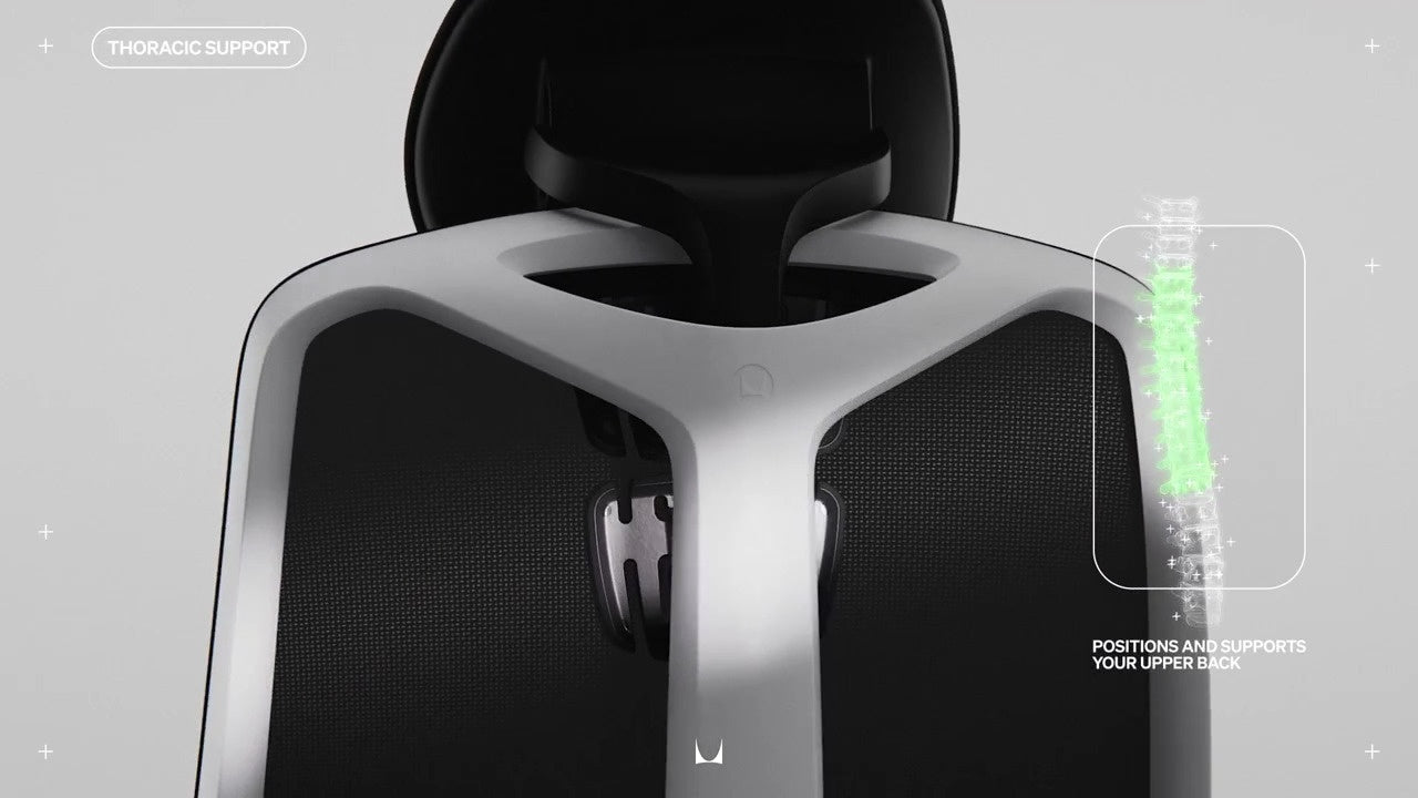 Vue latérale du fauteuil gaming Vantum montrant l'appui-tête annoté d'un petit dessin au trait représentant la colonne vertébrale avec les mentions « Positionne et soutient le haut du dos » et « Soutien thoracique ».