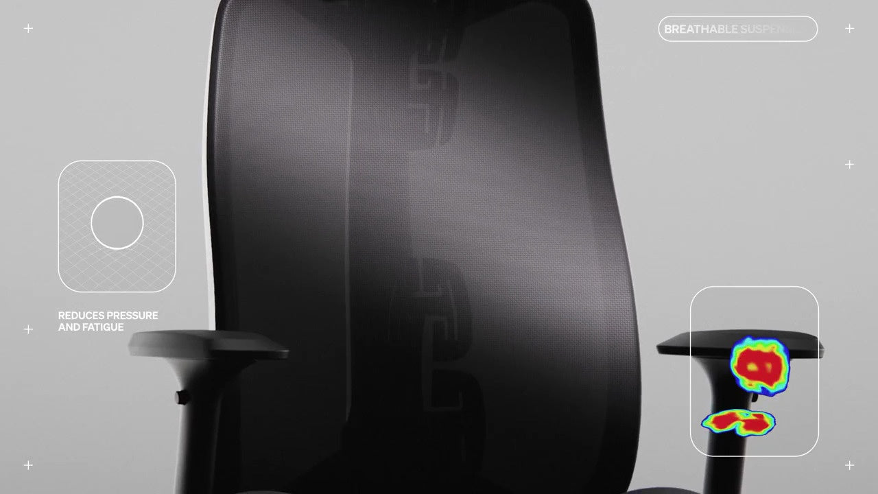 Vue de face du dossier du fauteuil gaming Vantum annoté d'un petit dessin au trait avec les mentions « Réduit la pression et la fatigue » et « Suspension respirante ».