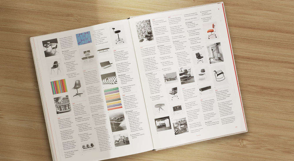 Vue de dessus d'un livre Herman Miller - A Way of Living ouvert. Les pages présentent de petites images de produits Herman Miller classiques et innovants.