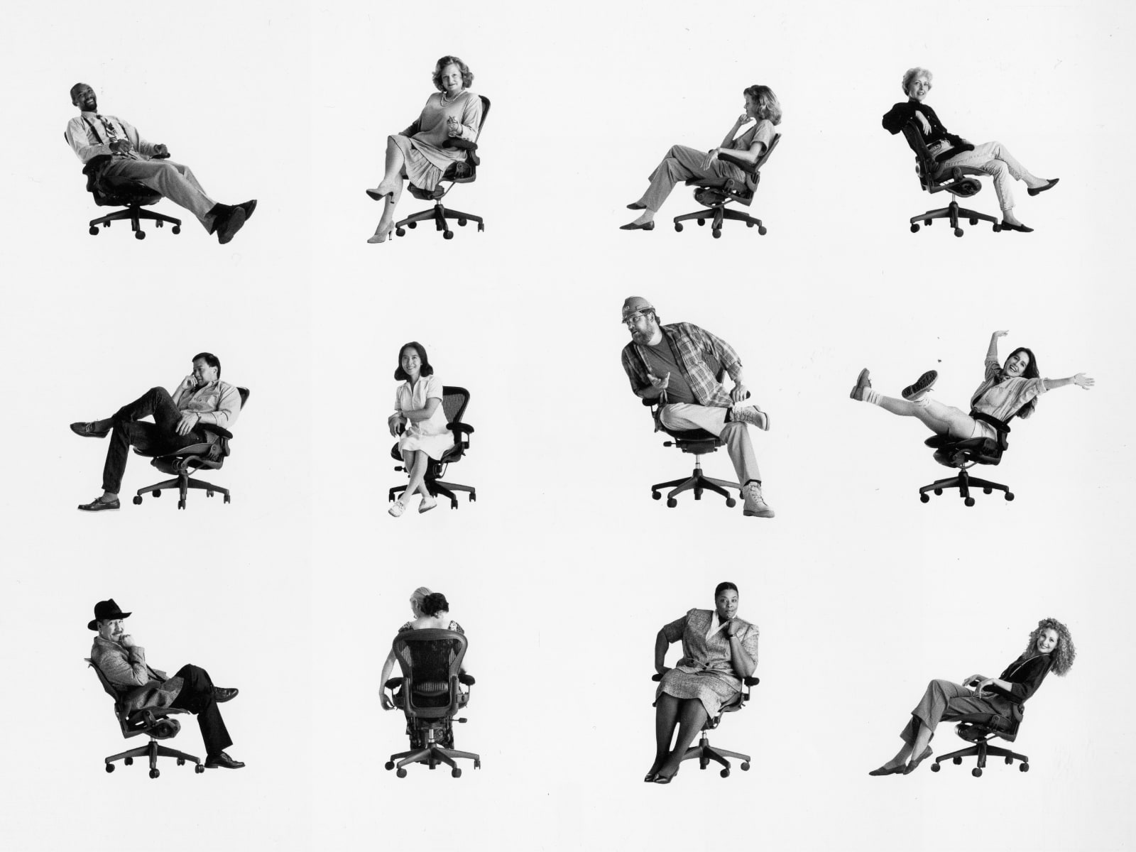 Douze images de l'Aeron d'Herman Miller utilisé par différentes personnes