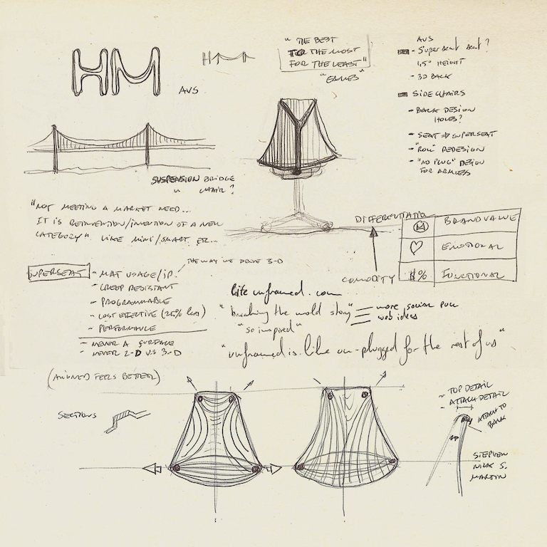 Croquis d'une chaise de bureau Sayl d'Herman Miller et du Golden Gate Bridge à San Fransisco. Accompagné de divers éléments de texte manuscrits qui font référence à des concepts de l'invention et de sa conception.
